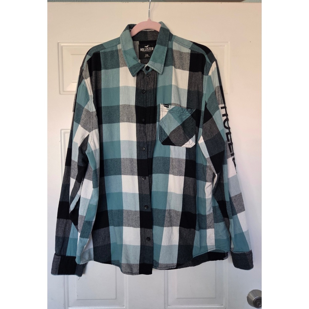 Hollister Mens XXL Flannel Shirt Teal Black White Plaid Sleeve Logo Button Down